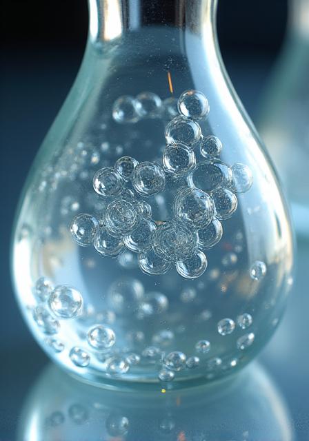 Dettaglio ravvicinato di un birillo in vetro soffiato con bolle d'aria intrappolate