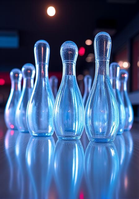 Set completo di birilli in vetro trasparente su una pista da bowling